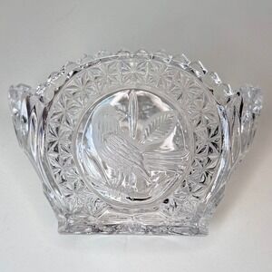 Vintage Crystal Glass Candy Dish Frosted Bird Medallion Scalloped Oval Bowl